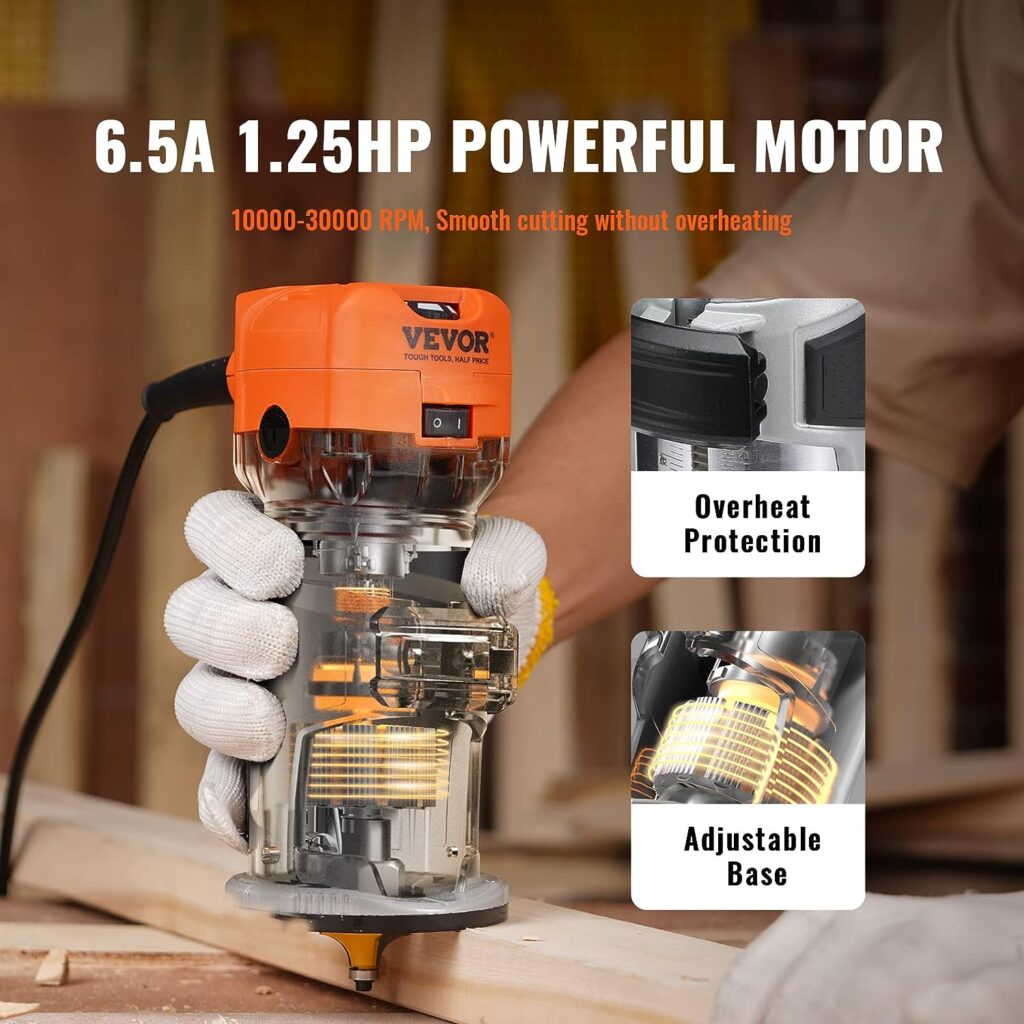 VEVOR Wood Router, 1.25HP 800W, Compact Wood Trimmer Router Combo Tool with Plunge and Fixed Base, 30000RPM 6 Variable Speeds, with 1/4 5/16 Collets Dust Hood, for Woodworking Slotting Trimming