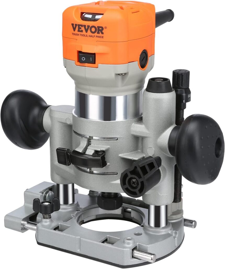 VEVOR Wood Router, 1.25HP 800W, Compact Wood Trimmer Router Combo Tool with Plunge and Fixed Base, 30000RPM 6 Variable Speeds, with 1/4 5/16 Collets Dust Hood, for Woodworking Slotting Trimming